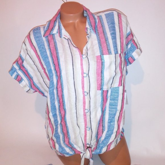 Caffe Marrakesh Set Medium Tie Front Top Capri Pink Blue White Linen Ble…‎ - Picture 3 of 12
